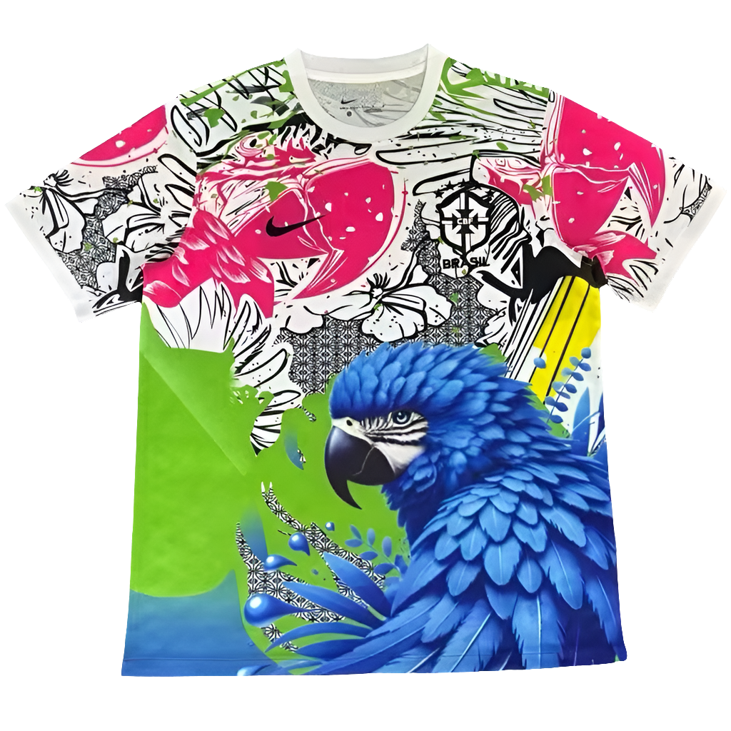background-editor_output_6e839d64-2abe-42e7-acce-b9a895769484 Colorful graphic T-shirt with a blue macaw, neon green shapes, and pink/black graffiti-style patterns including a Brazil crest.