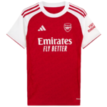 Red Arsenal football jersey with white sleeves featuring Emirates Fly Better sponsor logo and club crest on the chest