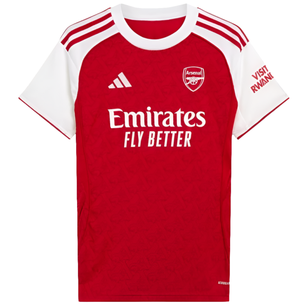 Red Arsenal football jersey with white sleeves featuring Emirates Fly Better sponsor logo and club crest on the chest