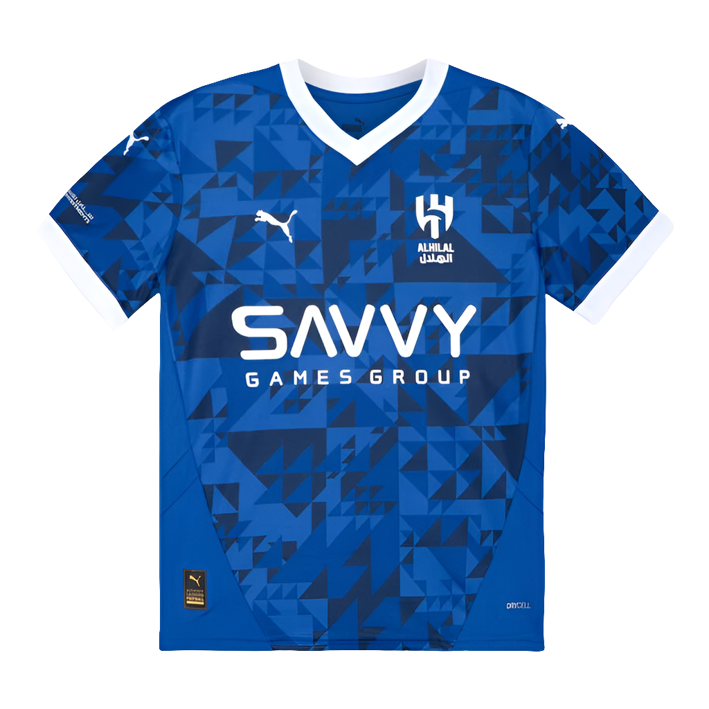 background-editor_output_7ad03736-bdbd-44c1-8f20-30188f3b4fa9 Blue geometric soccer jersey with white trim featuring the SAVVY Games Group logo and Puma branding on the chest area