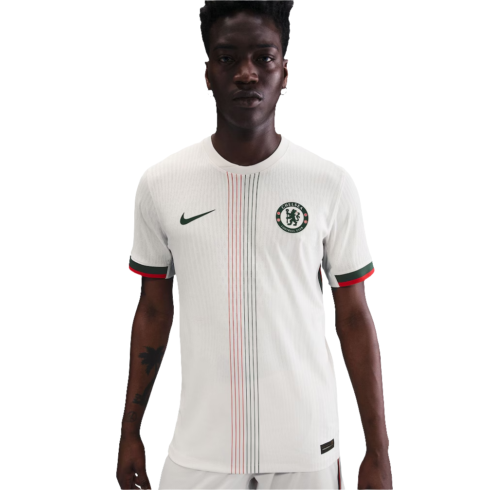 background-editor_output_988ded17-313e-45ac-a876-8d1b29ac0243 Man wearing a white Chelsea home jersey with green Nike swoosh and crest, standing facing camera.