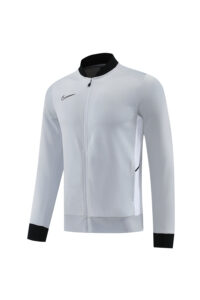 Light gray Nike full-zip athletic jacket with black collar and black cuffs on the sleeves.