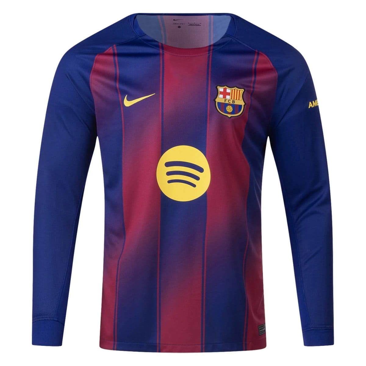 Front view of FC Barcelona jersey in blue and red vertical stripes, showing the club crest, yellow Nike swoosh, and Spotify sponsor logo.