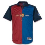 Barcelona football jersey split red and blue with crest and 1899–1999, Nike logo, and UEFA badge on the sleeve.