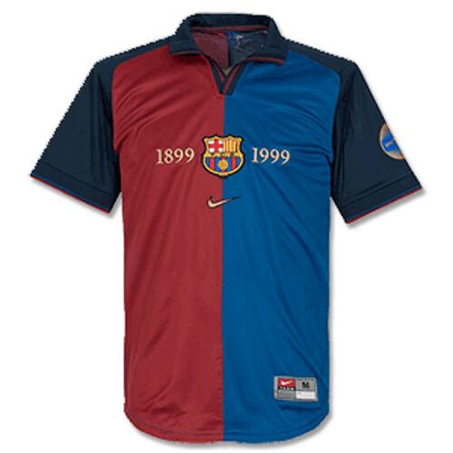 Barcelona football jersey split red and blue with crest and 1899–1999, Nike logo, and UEFA badge on the sleeve.