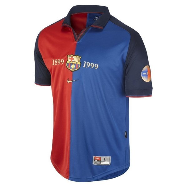 FC Barcelona jersey split red and blue with crest and 1899–1999 years; Nike emblem visible on chest and sleeve patch present on right sleeve