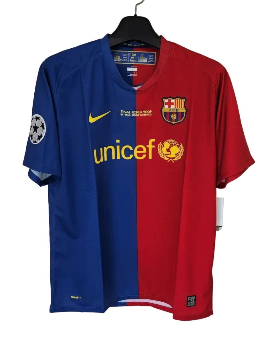 barcelona-classic-2009-final-with-messi-10-jersey-185582 FC Barcelona soccer jersey split blue and red, featuring UNICEF logo, Nike swoosh, and Champions League patch on the sleeve.