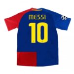 Messi jersey back with number 10 in yellow on blue, red sleeve panels, champions league badge on the right sleeve.