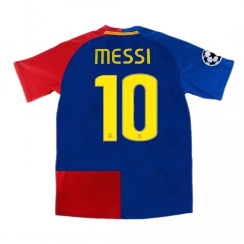 Messi jersey back with number 10 in yellow on blue, red sleeve panels, champions league badge on the right sleeve.