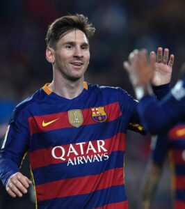 barcelona-classic-201516-final-with-messi-10-badges-jersey-642976 | UAE SPORT STORE Lionel Messi in a blue and red Barcelona jersey celebrating and waving to the crowd, with Qatar Airways on the front.