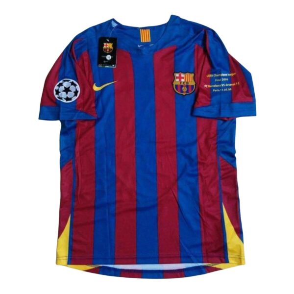 FC Barcelona blue and red vertical striped soccer jersey with team crest, Nike logo, and UEFA Champions League badge on the sleeve; likely a replica/official match shirt.