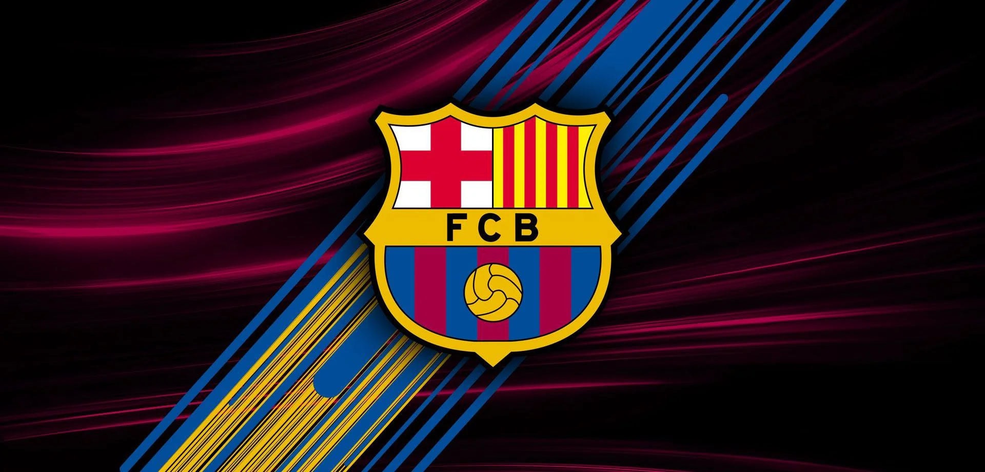 Barcelona football club crest centered on a dark abstract background with blue and magenta streaks behind it.