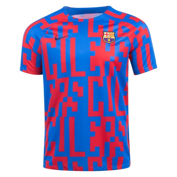 Blue FC Barcelona football jersey with a red geometric mosaic pattern and the club crest on the chest.