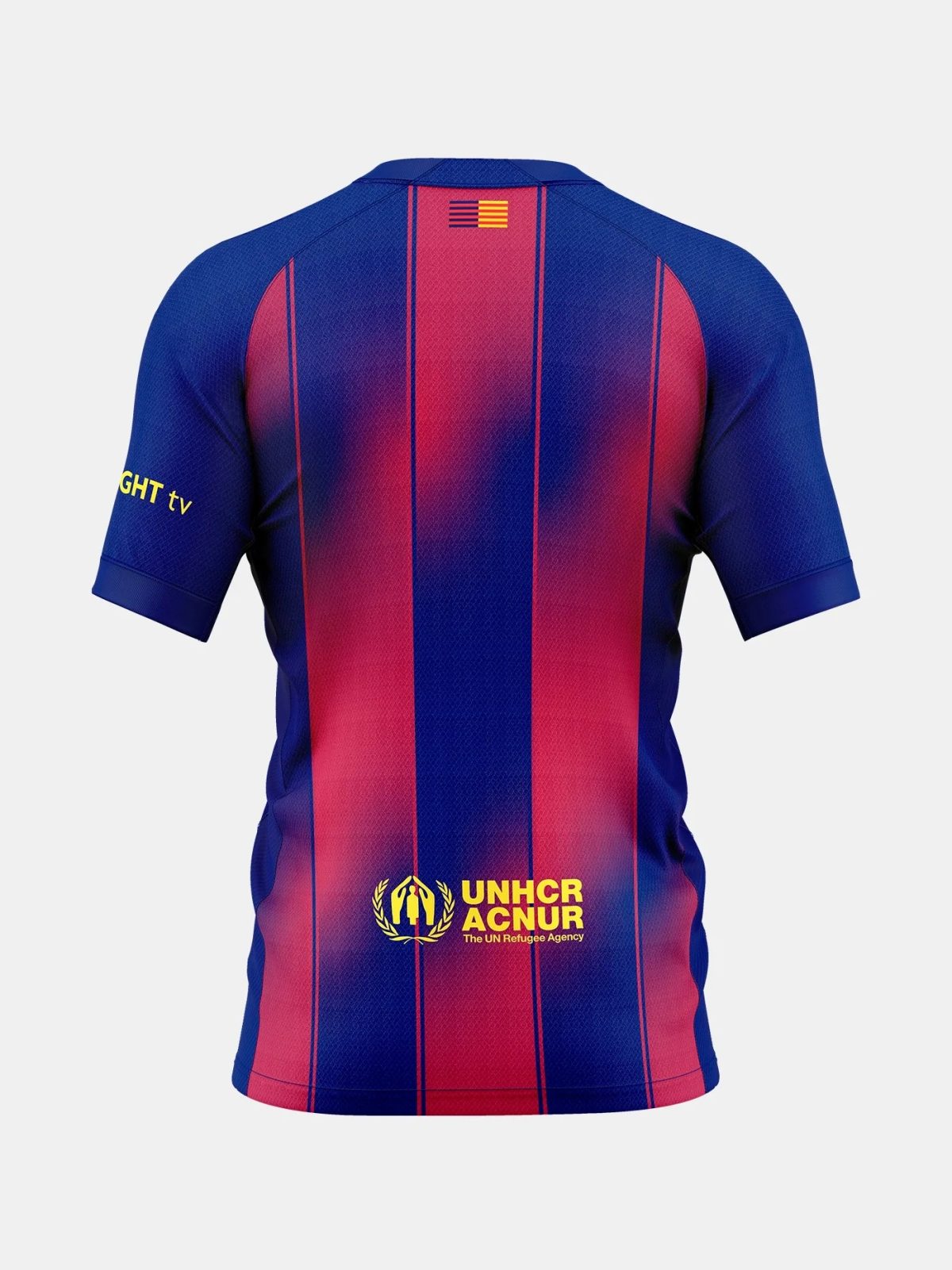 Back view of a blue and red striped jersey featuring the UNHCR ACNUR logo and emblem at the lower back area.