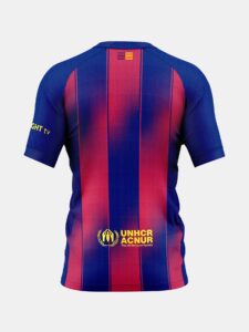 Back view of a blue and red striped jersey featuring the UNHCR ACNUR logo and emblem at the lower back area.