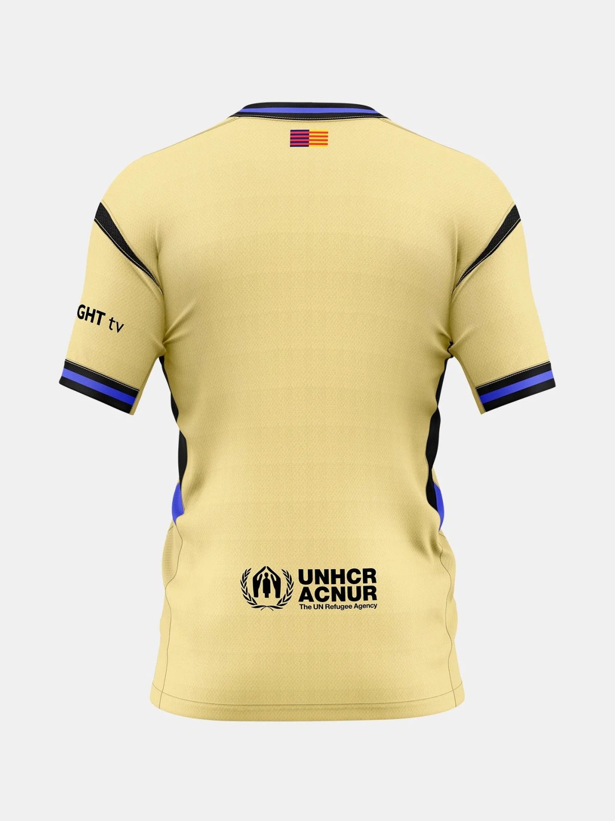 Back view of a yellow athletic jersey with blue and black trim at the collar and sleeves, a small flag near the neck, and the UNHCR logo on the lower back area