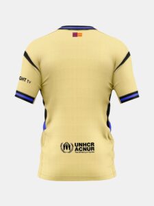 base-ambilight_1_ddfee00f-db1f-4eec-9351-ff2666b72daa | UAE SPORT STORE Back view of a yellow athletic jersey with blue and black trim at the collar and sleeves, a small flag near the neck, and the UNHCR logo on the lower back area