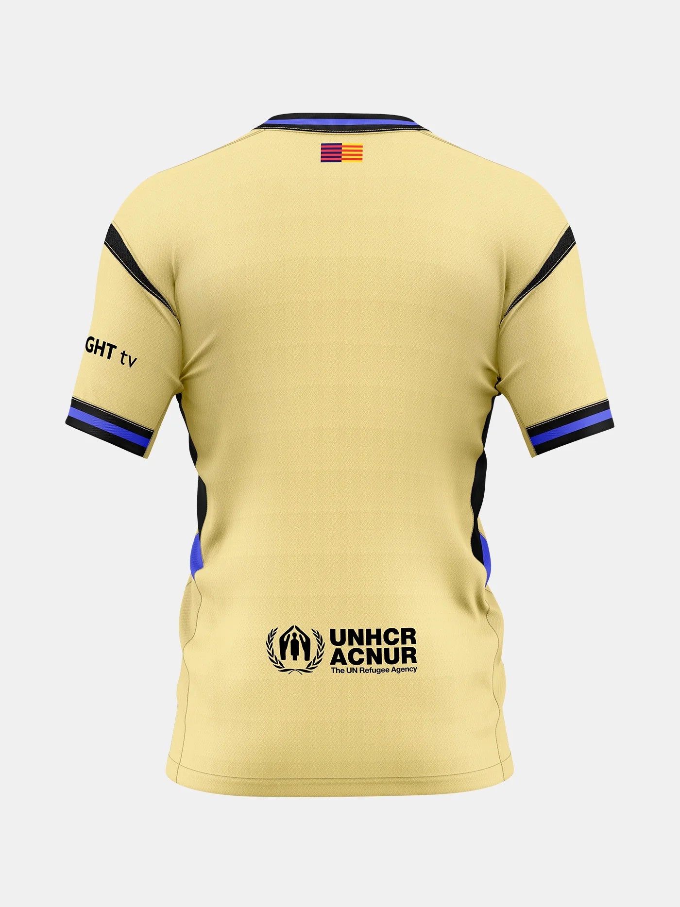 base-ambilight_1_ddfee00f-db1f-4eec-9351-ff2666b72daa | UAE SPORT STORE Back view of a yellow athletic jersey with blue and black trim at the collar and sleeves, a small flag near the neck, and the UNHCR logo on the lower back area