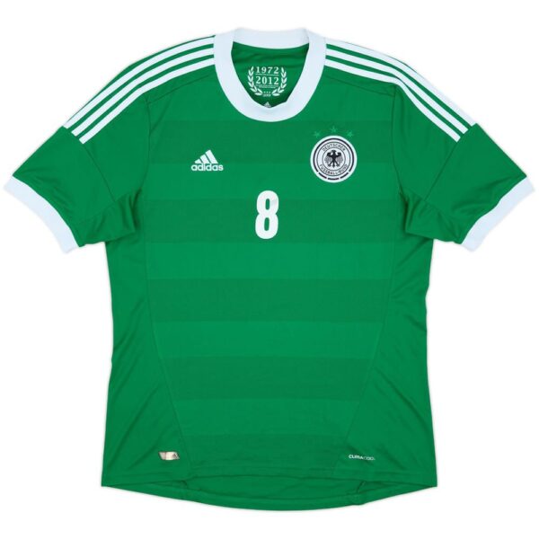 German national team soccer jersey, green with white collar and Adidas logo, number 8, crest on chest.