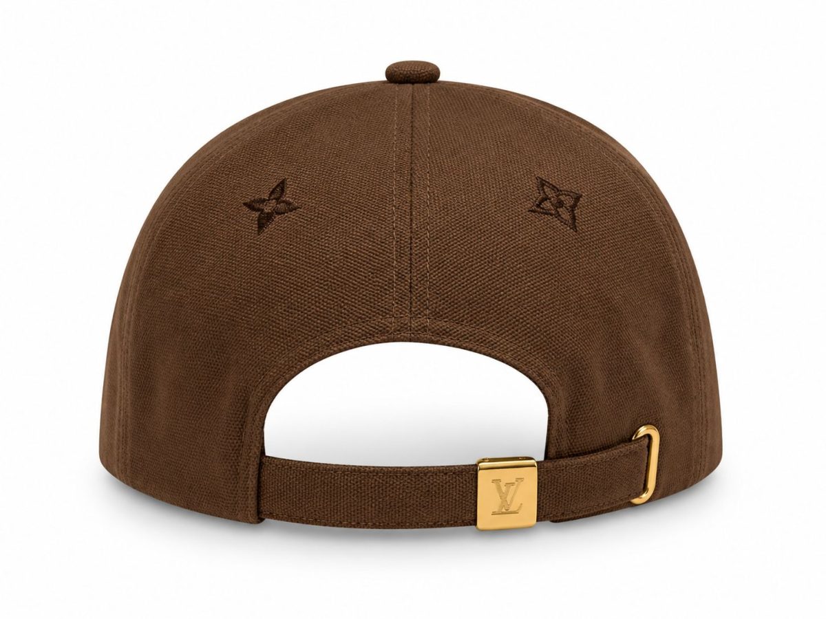 Brown cap viewed from the back with an adjustable strap and gold buckle featuring LV logo