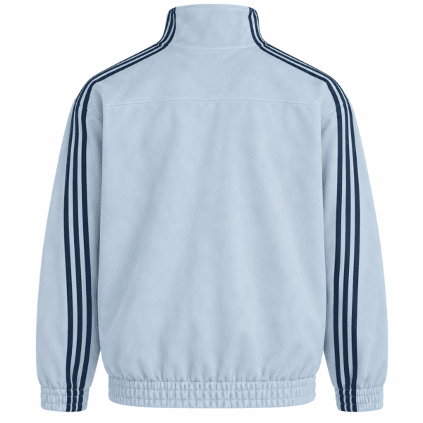 Light grey Adidas casual jacket with dark blue stripes on sleeves.