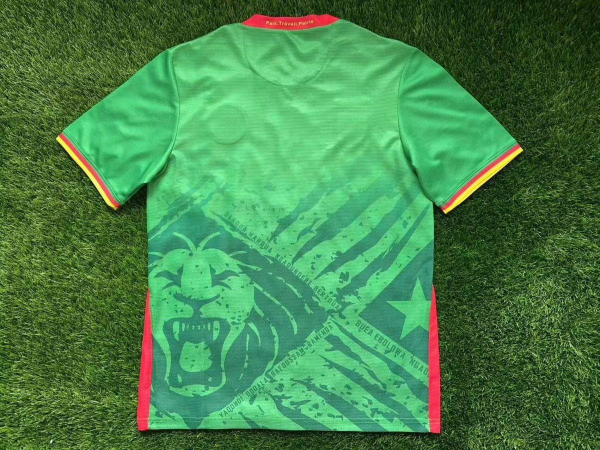 Green sports jersey laid on grass, with red-trimmed sleeves and a red collar that reads 'Paix, Travail, Patrie'; palm-tree graphic and diagonal pattern across the back.