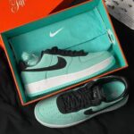 Turquoise Nike sneakers in an orange box, with a black swoosh and white sole, one shoe inside and one outside the box (informative product photo).