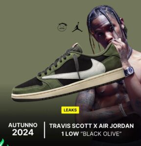 Sneaker in olive green, black, and white colorway held across a background with tattoos and a model; text reads Autumn 2024 and 'Travis Scott x Air Jordan 1 Low Black Olive' (leaks).