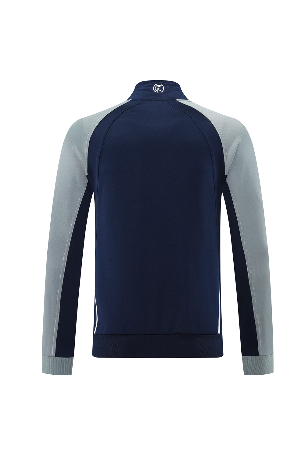 bcc6ec9d | UAE SPORT STORE Back view of a navy blue athletic jacket with light gray raglan sleeves, standing collar, and ribbed hem, featuring a small logo at the collar