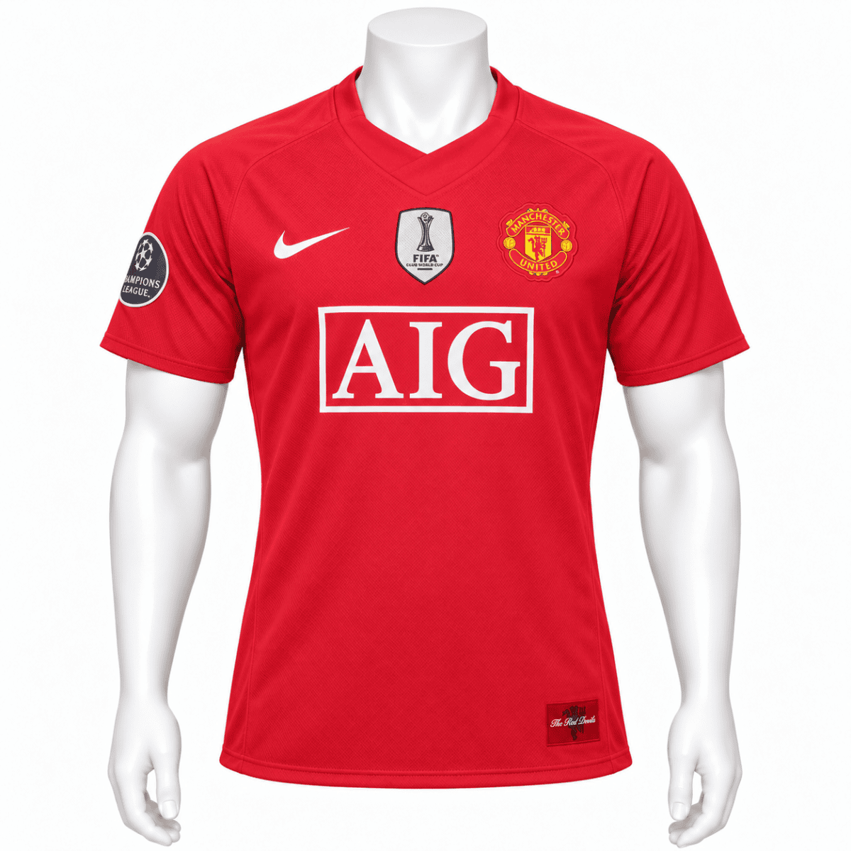 Manchester United home jersey for 2008 UCL final, red with club crest and sponsor logo.