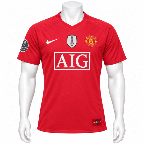 bcf01b2a-160d-40d0-bba3-b9e13f3a77a5 - UAE SPORT STORE Manchester United home jersey for 2008 UCL final, red with club crest and sponsor logo.