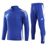 Blue athletic tracksuit top with a half-zip, white shoulder stripes, and matching blue pants with white accents.