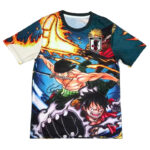 Bright anime graphic T-shirt with two muscular fighters in an action scene.