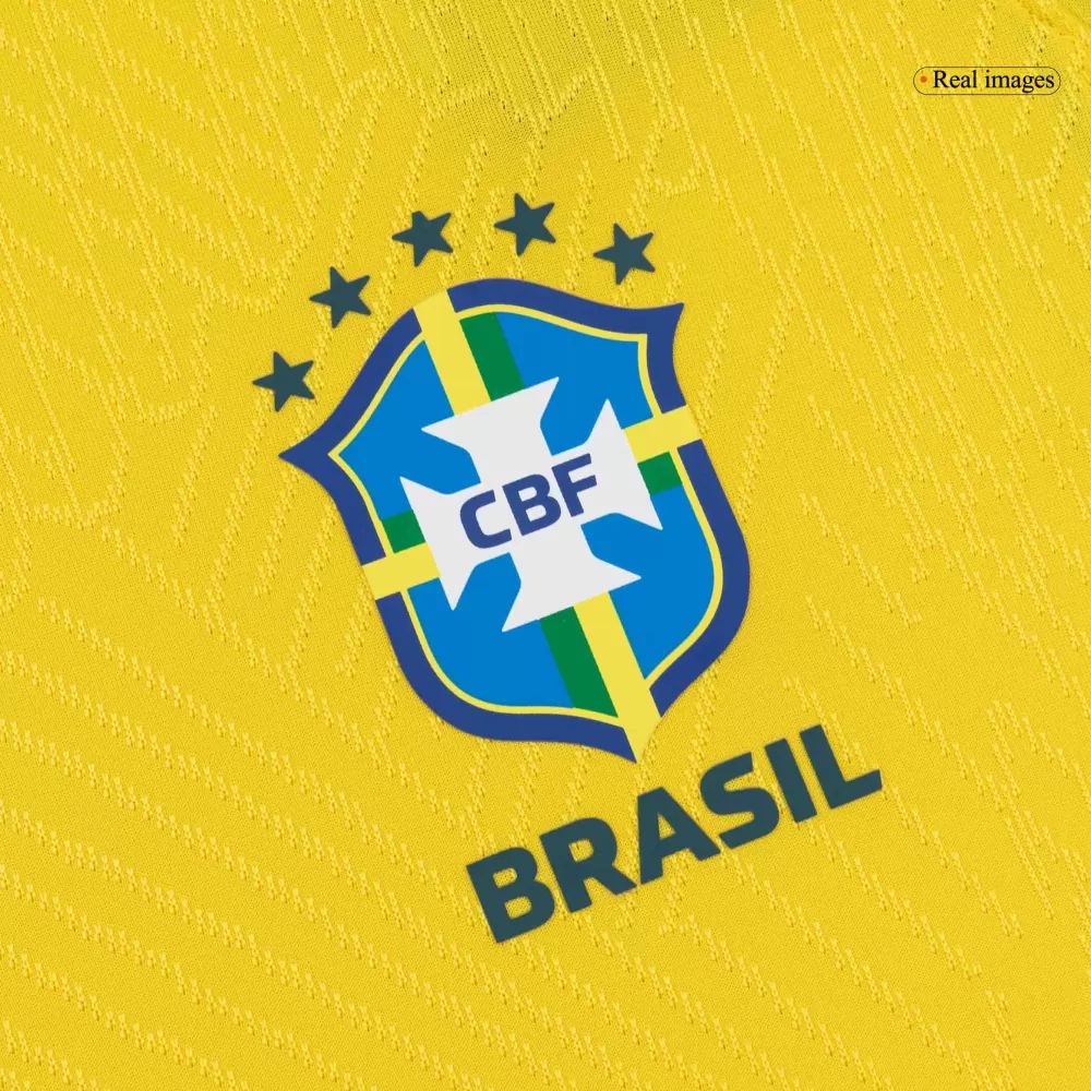 bd16b06f-a65b-4e97-98a6-da5dc72893f2 | UAE SPORT STORE Brazil national football team crest on a yellow textured background, featuring the CBF emblem with five stars above and 'BRASIL' text below.