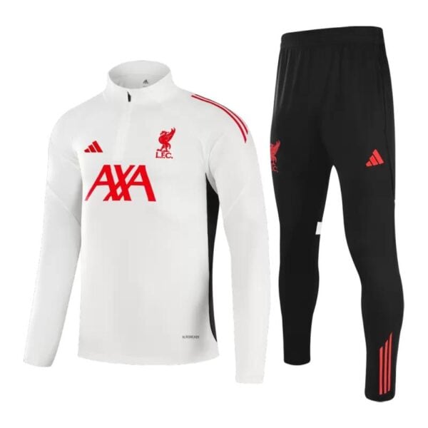 Liverpool FC white training jersey with red AXA sponsor and crest, paired with black pants featuring red adidas logos.