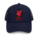 Navy baseball cap with a red Liverpool FC crest on the front panel and black mesh back.