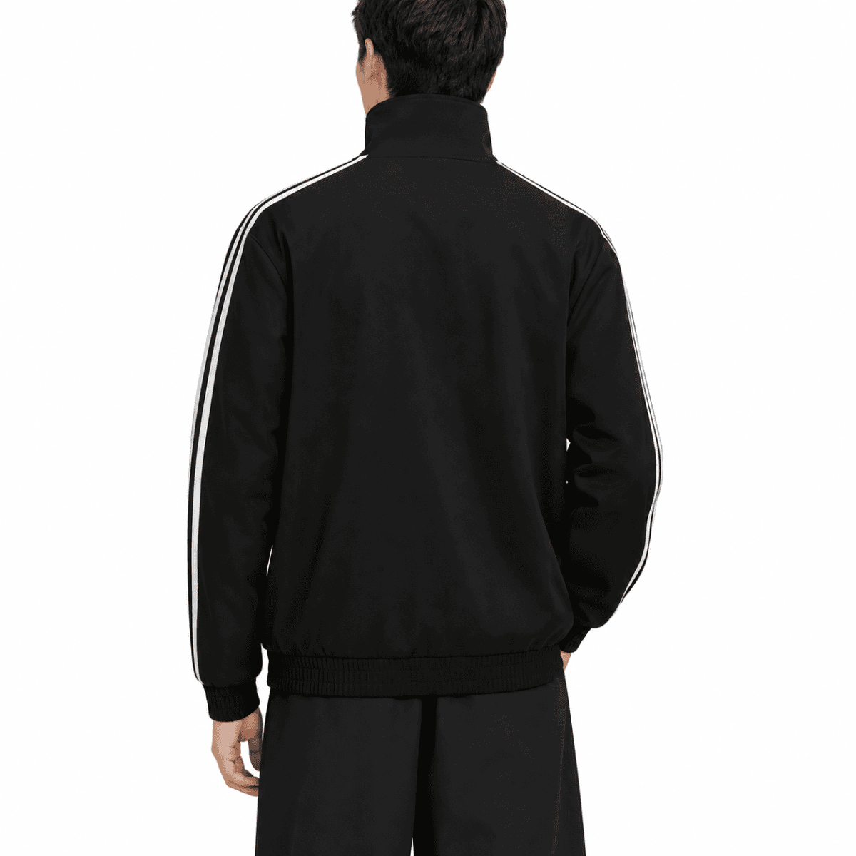 Black casual jacket with white stripes on sleeves, back view.