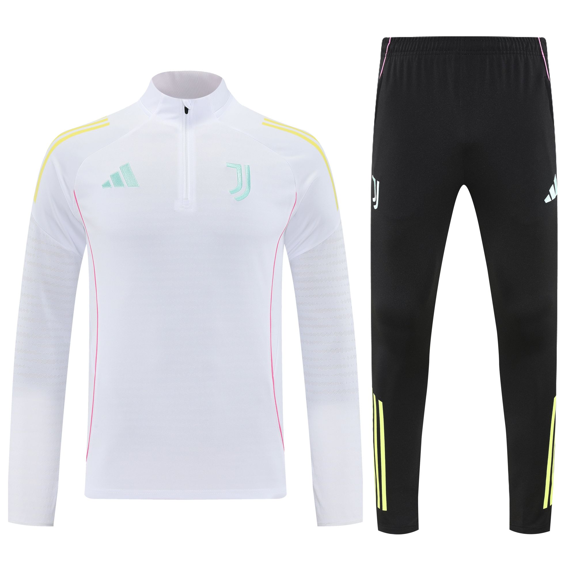 be9f4824 | UAE SPORT STORE White Juventus training top with pastel crest and yellow shoulder stripes, paired with black pants with neon yellow trim.