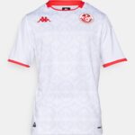 White football/soccer jersey with red collar and sleeve trims, featuring a Tunisian Football Federation crest on the chest and a red Kappa logo on the opposite side.