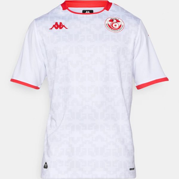 White football/soccer jersey with red collar and sleeve trims, featuring a Tunisian Football Federation crest on the chest and a red Kappa logo on the opposite side.