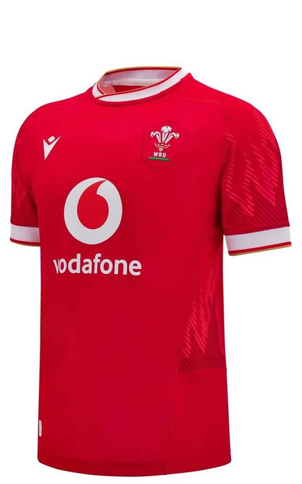 bf3281cc20afa2743deab8bfee46da84 | UAE SPORT STORE Front view of a red Wales Rugby Union jersey with Vodafone sponsor and WRU crest on the chest, white collar trim.