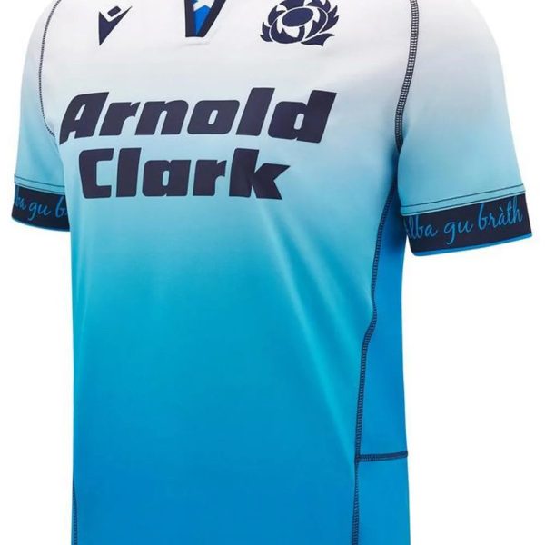 White-to-blue gradient rugby jersey featuring the Scotland crest and 'Arnold Clark' sponsor across the chest.