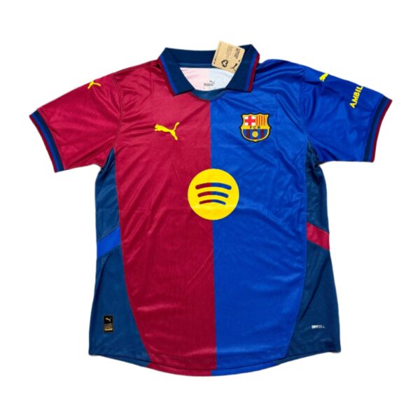 FC Barcelona football jersey split red and blue with club crest on the chest and a yellow Spotify logo in the center front.