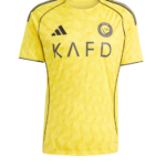Front view of a bright yellow Adidas soccer jersey with black trim, crest on the left chest, and 'KAFD' sponsor text across the front.