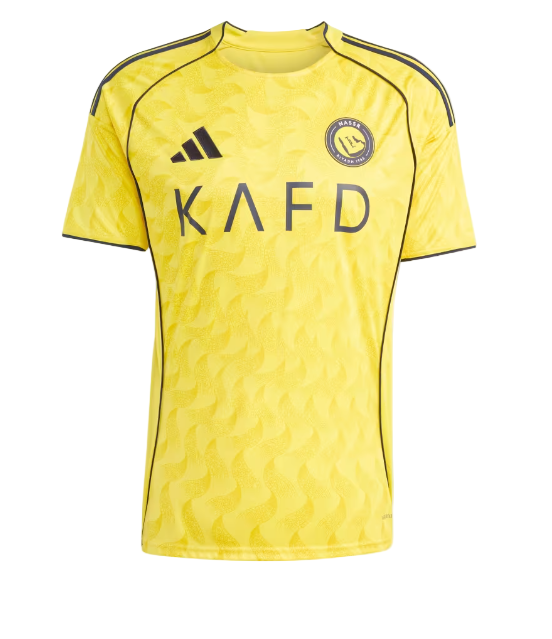 Front view of a bright yellow Adidas soccer jersey with black trim, crest on the left chest, and 'KAFD' sponsor text across the front.