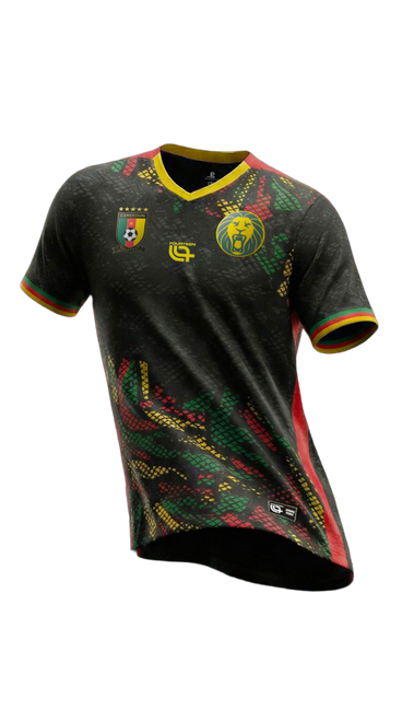 Black football jersey with multicolor abstract pattern, yellow-trim collar, and team crests on the chest (one shield, one lion emblem).