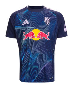 Navy blue athletic jersey with cyan wave patterns, Red Bull logo center, Adidas logo on left chest, team crest on right chest.