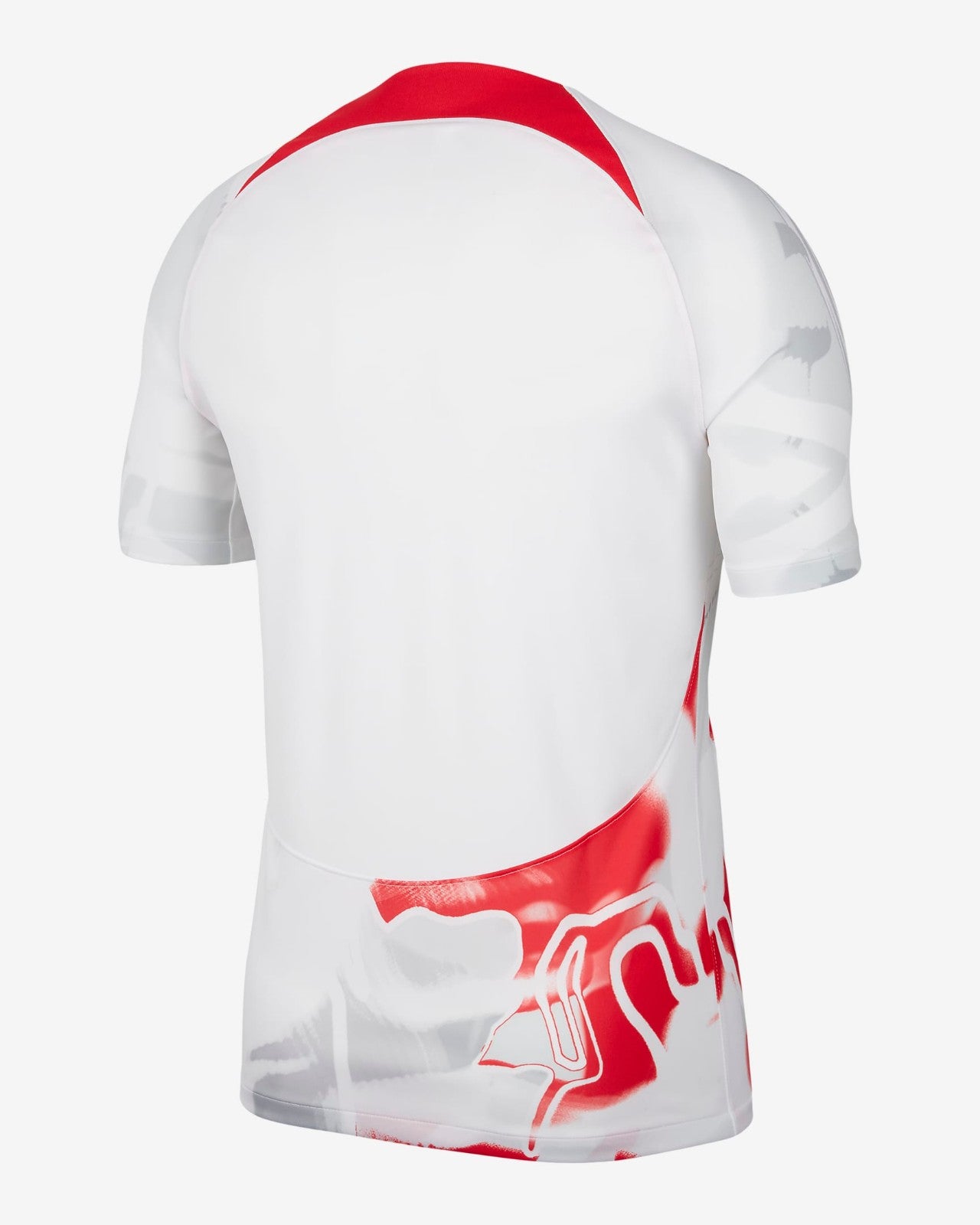 bn2ecIkhXotNMLd | UAE SPORT STORE Back view of a white sports jersey with red collar trim and red graphic design along the lower back area, short sleeves visible.