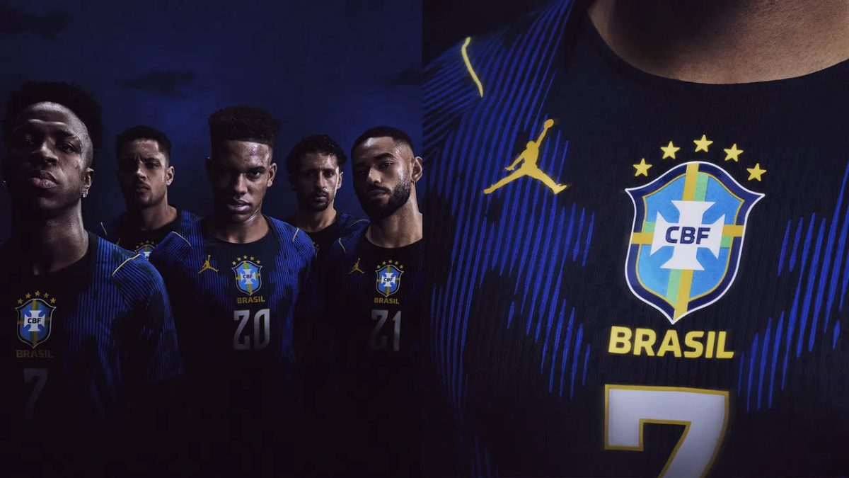 Brazil national football team players in blue jerseys stand together, with the CBF crest and 'BRASIL' visible on one jersey close-up