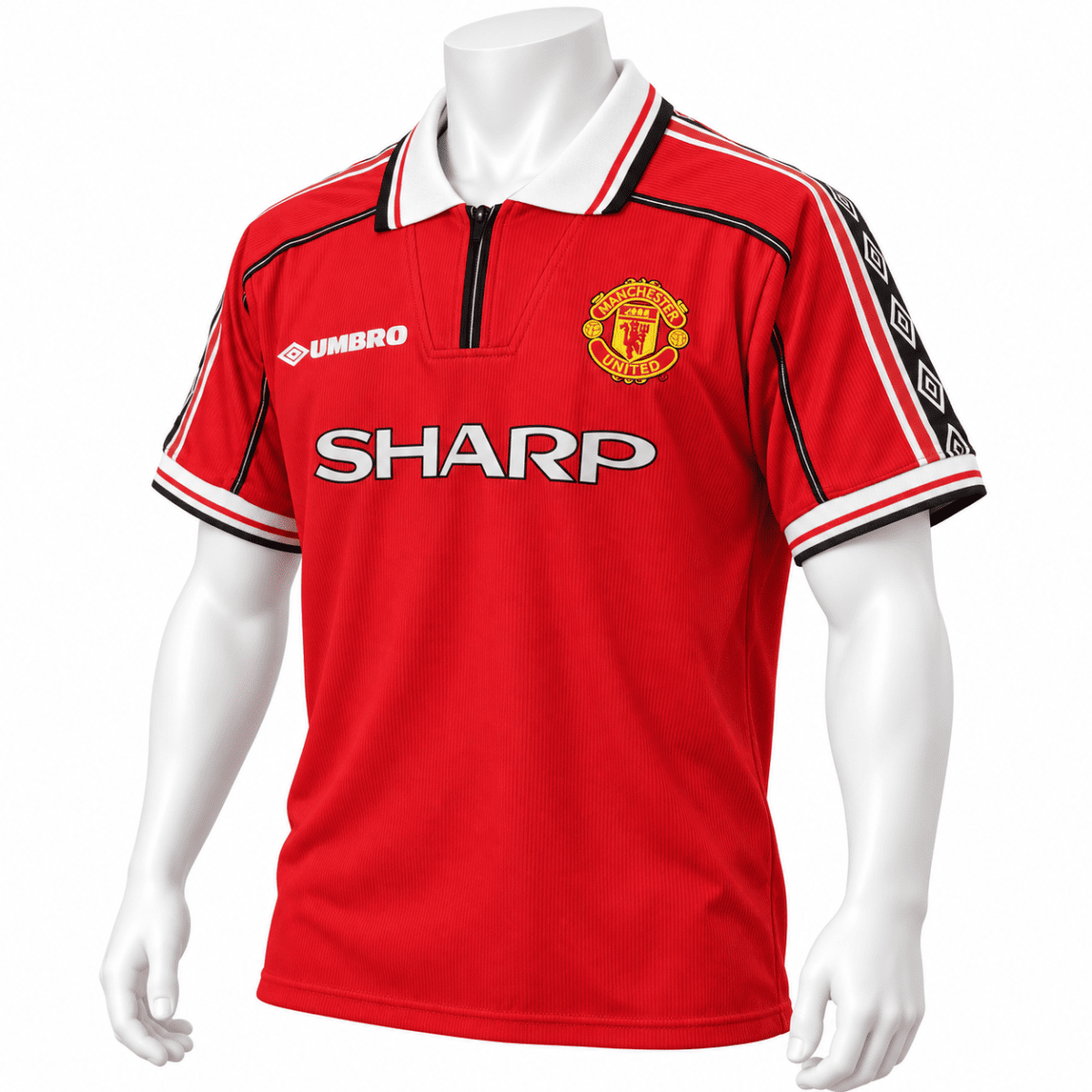 Angled front view of the red jersey on a white mannequin, showing its white collar, short zipper, Umbro logo and Manchester United crest.